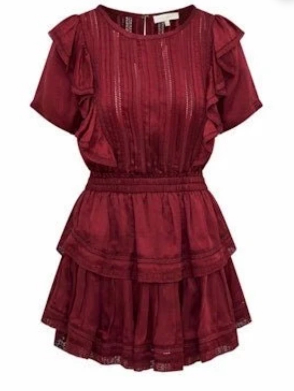 LoveShackFancy Wine Red Ruffled Tiered Mini Dress